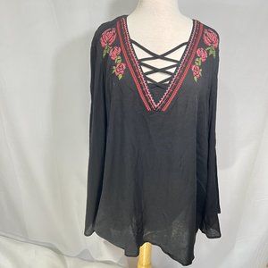 NWT Como Vintage Black Embroidered Peasant Shirt Sz 2X Cross Stitch Roses Bell